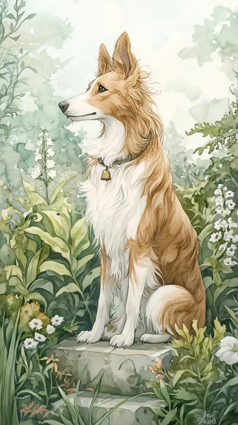 Collie Dog Sitting Calmly In A Peaceful Garden Illustration
