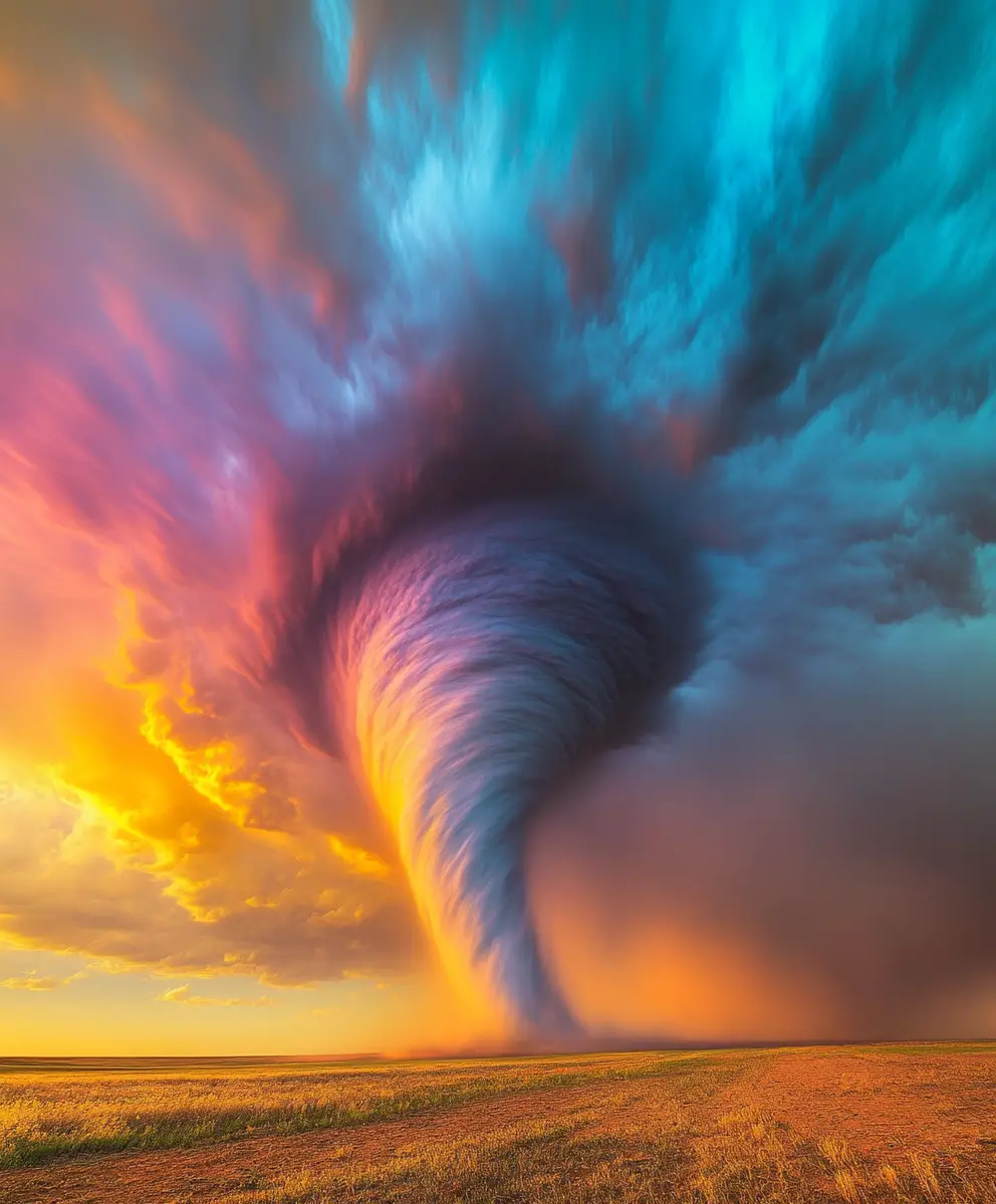 Colorful tornado swirling in a dramatic twilight sky