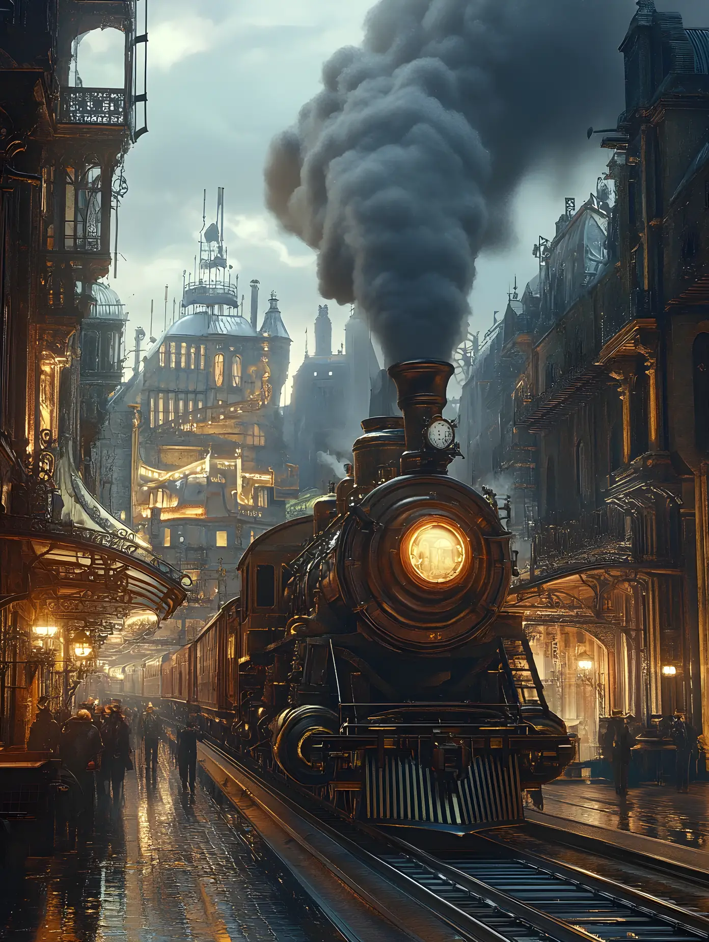 Whimsical steampunk fantasy world in vintage gloomy tones