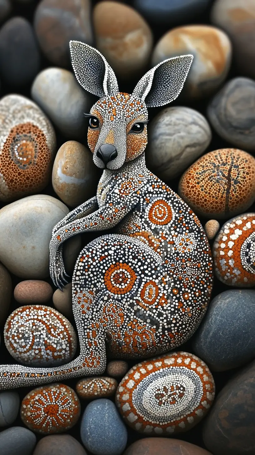 Kangaroo silhouette made of painted pebble mosaic art