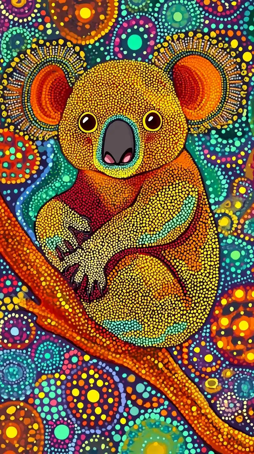 Colorful aboriginal dot painting of a koala bear