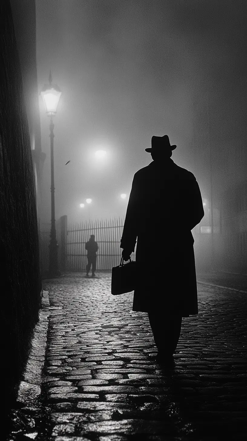 Solitary man walking along the Berlin Wall at night