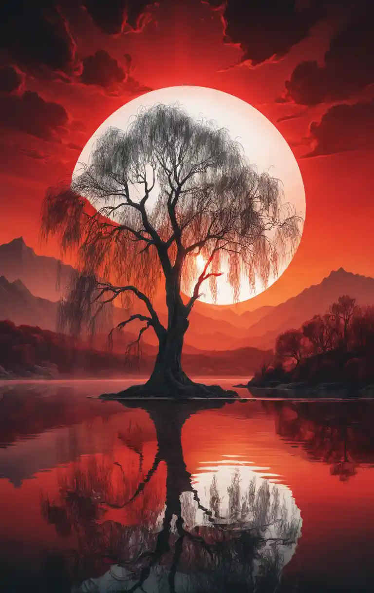 Surreal white willow by a still reflective lake