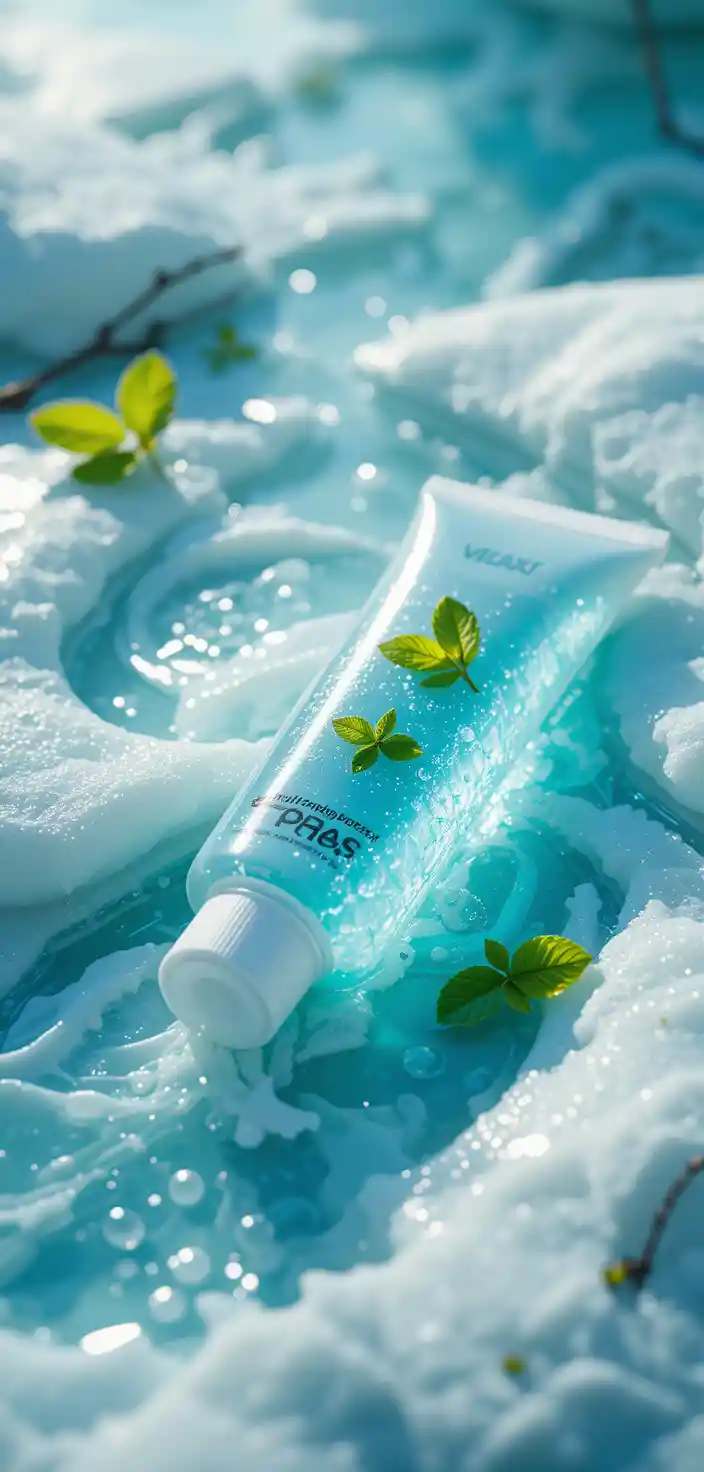 Transparent toothpaste tube spilling gel on arctic miniature