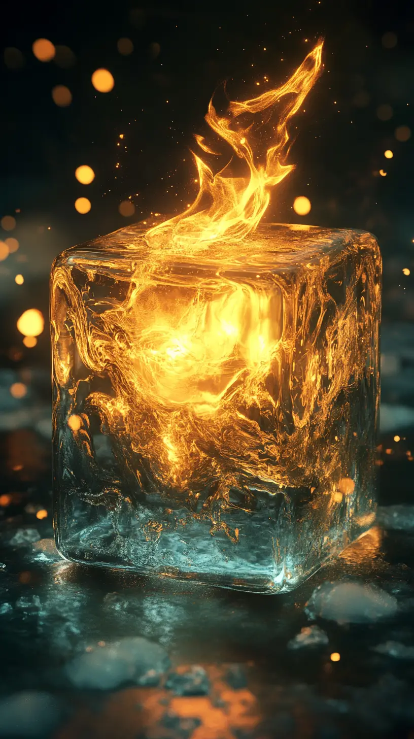 Transparent ice cube burning with surreal golden flame