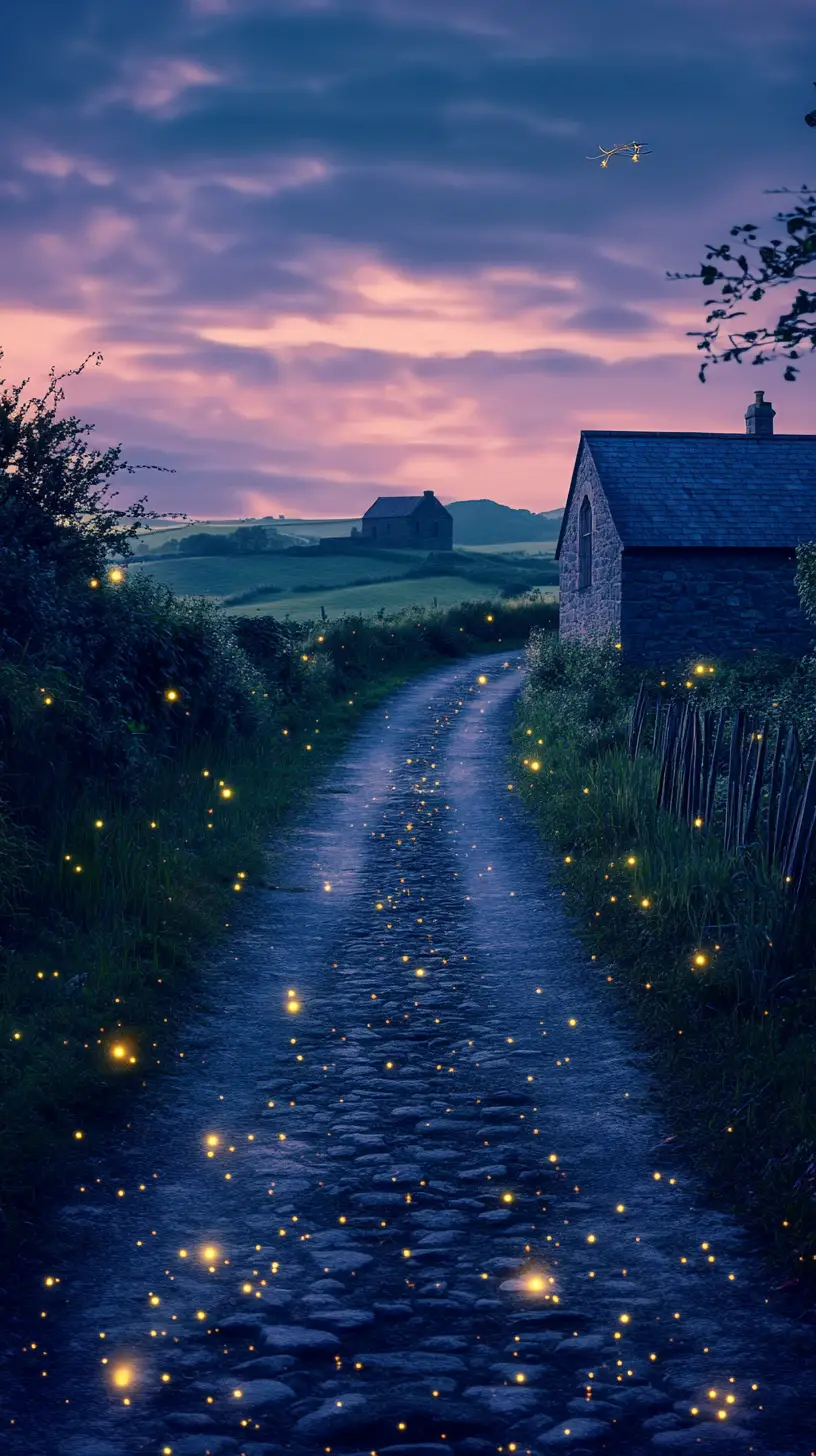 Dreamlike country road at dusk with glowing fireflies