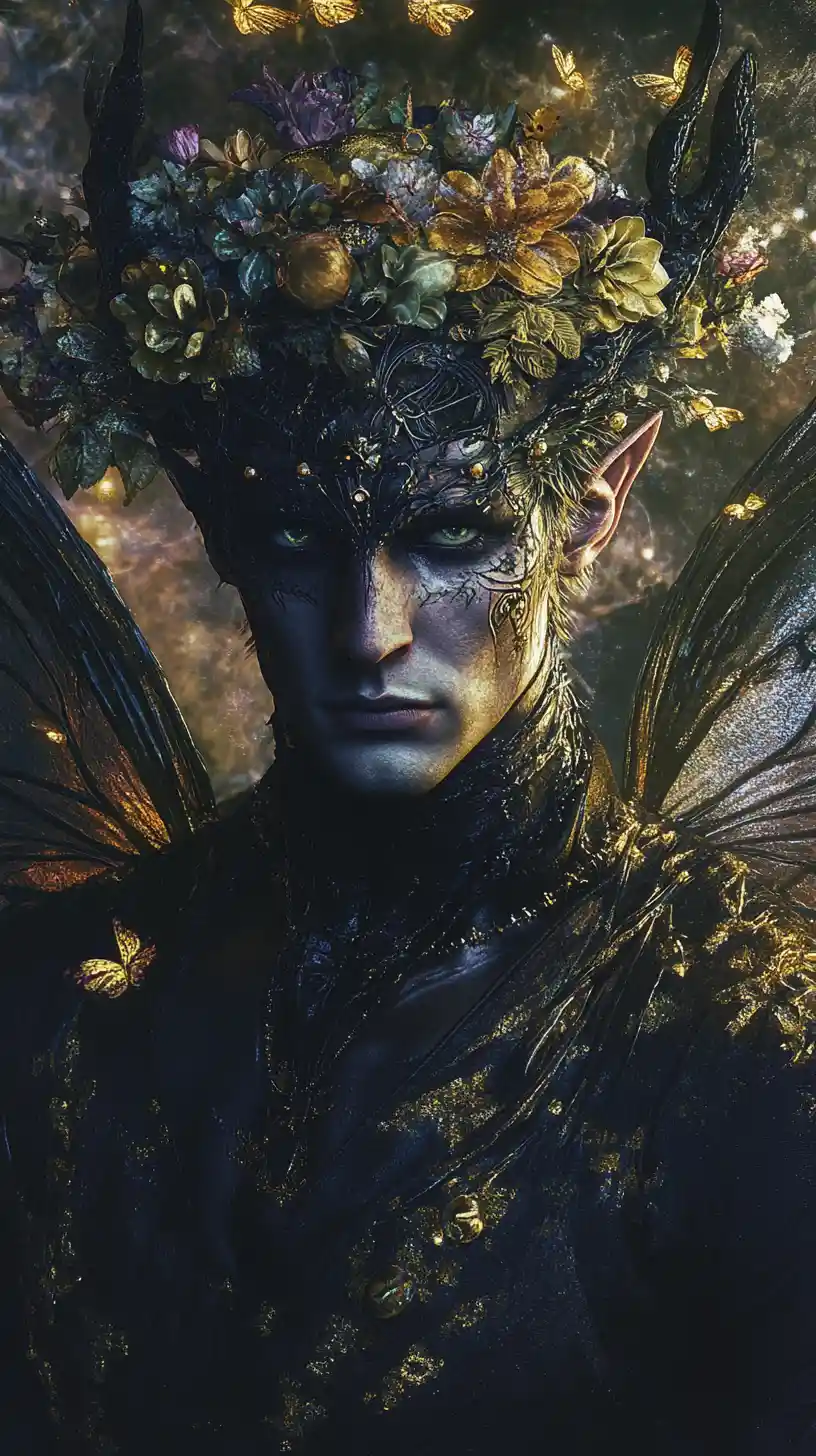Dark fairy king close up under mystical moonlight
