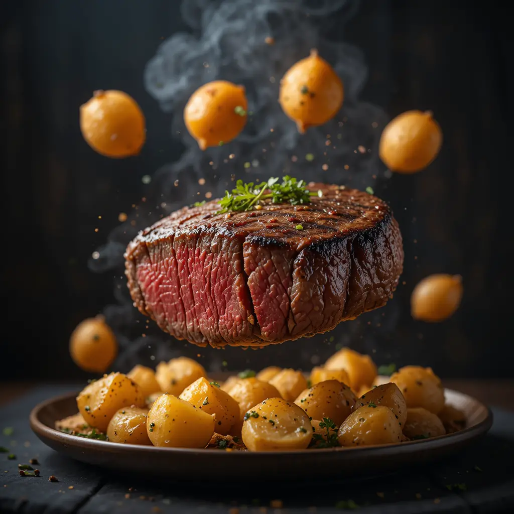 Gourmet steak with roasted potatoes in dramatic studio lighting