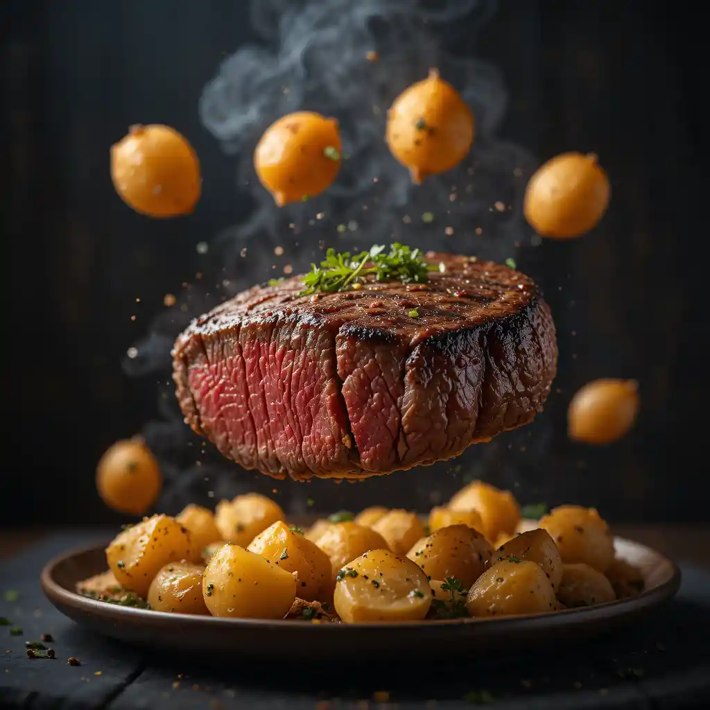Bife gourmet com batatas assadas em iluminação de estúdio dramática