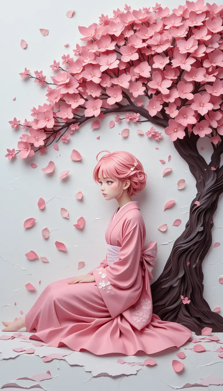 Papercraft anime girl under cherry blossom tree