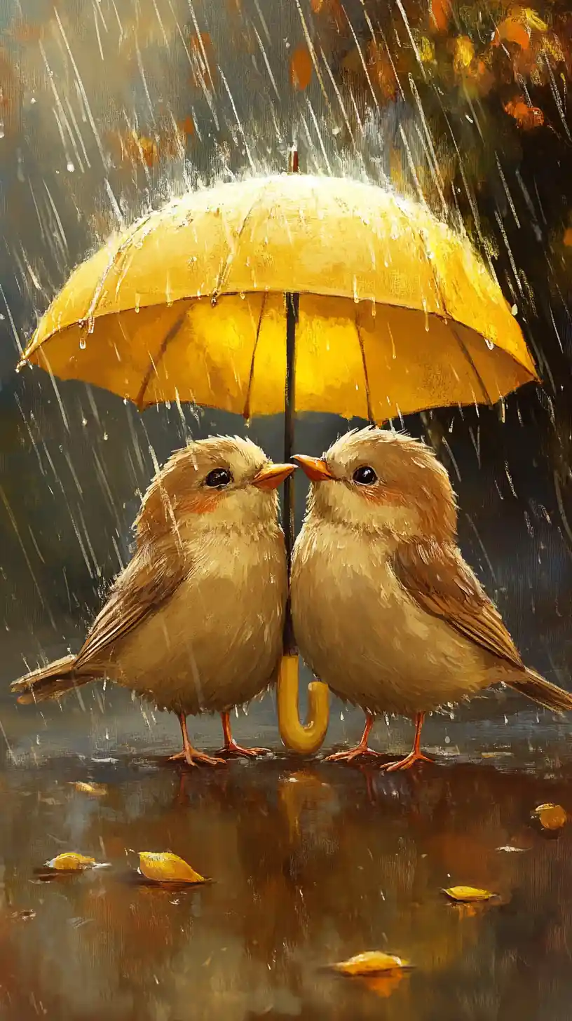 Three stylized birds under a yellow umbrella in rain