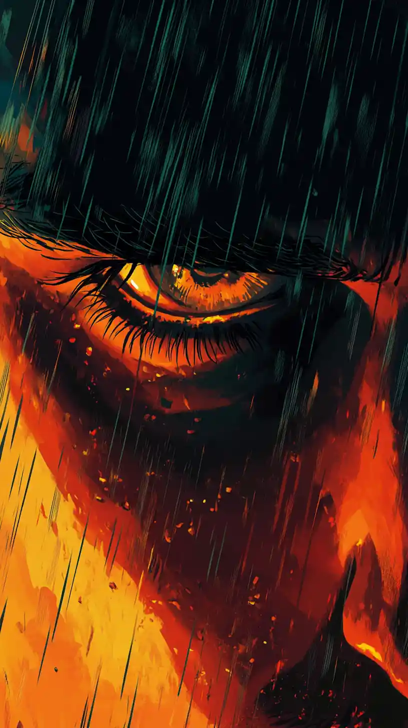 Moody comic style extreme close up portrait in the rain