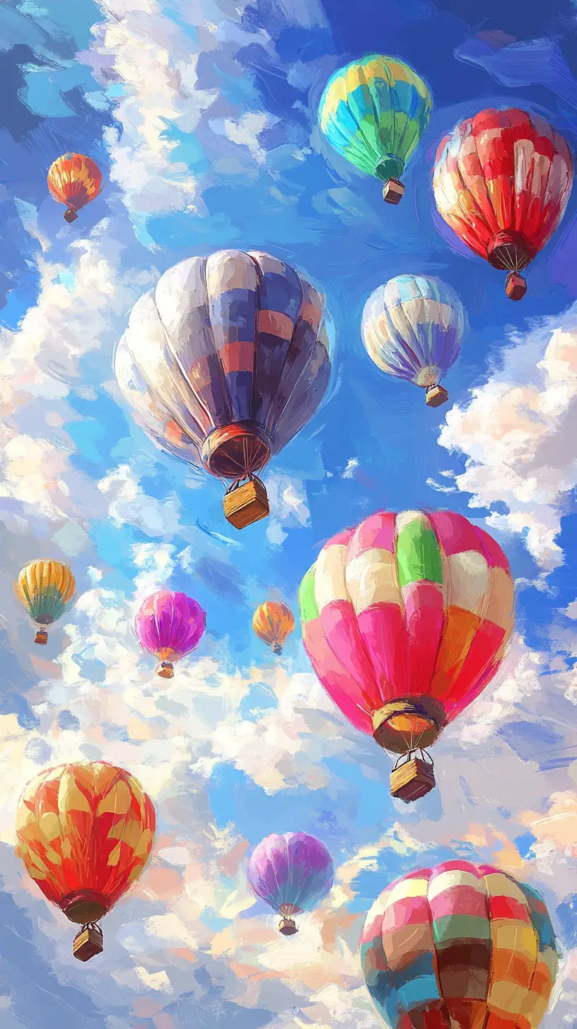 Colorful Hot Air Balloons Floating In A Sunlit Sky