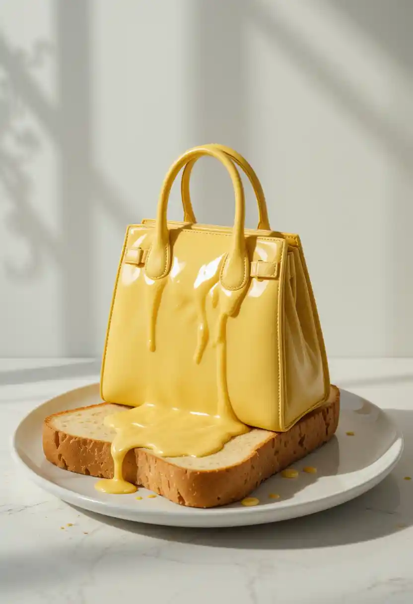 Fotografia di borsa gialla che si scioglie su toast di brioche al formaggio