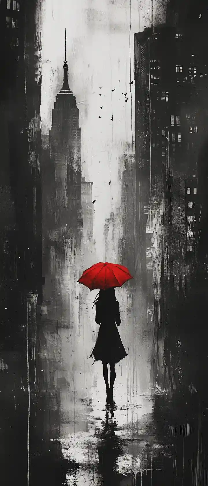 Woman with crimson umbrella in monochrome city street