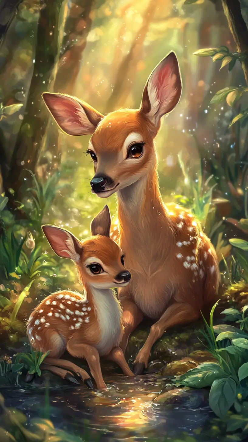 Gentle doe and fawn resting together in a quiet forest