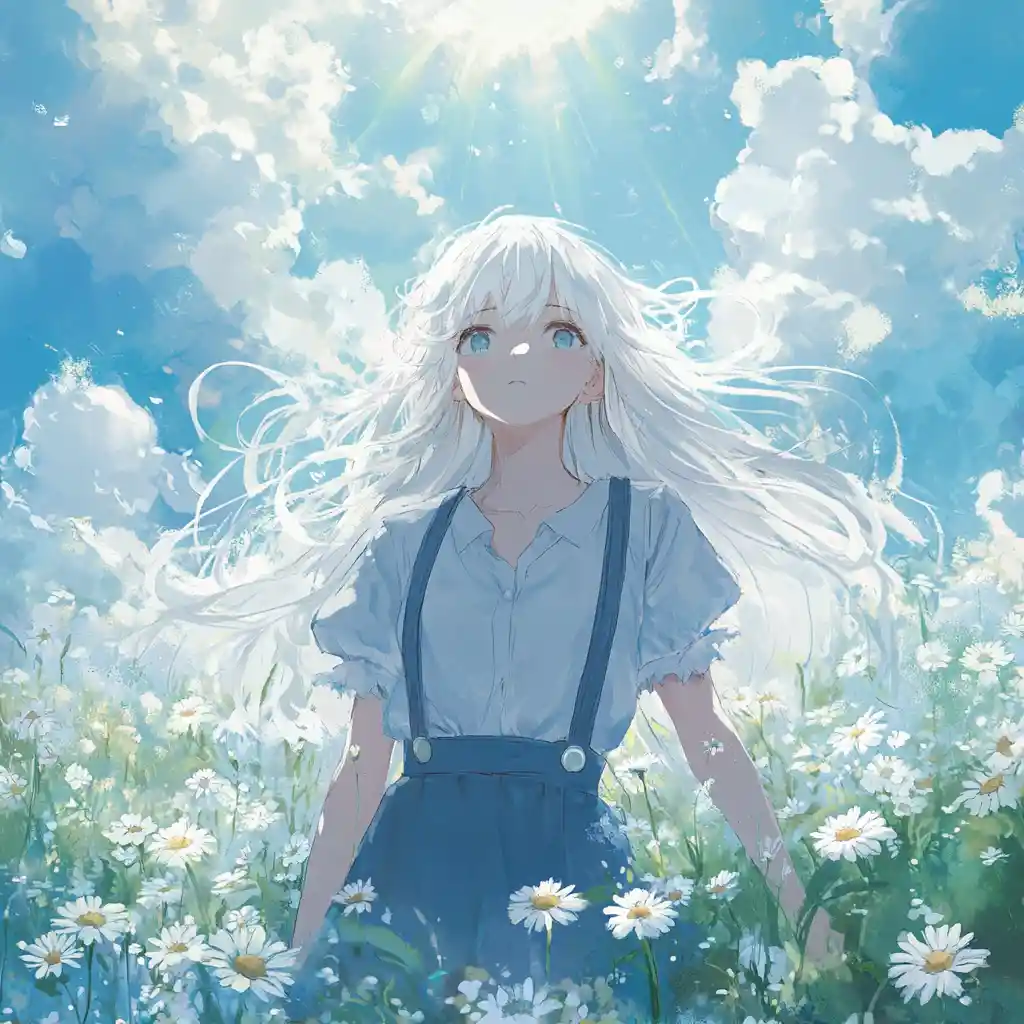Anime girl in blue dress standing in daisy field