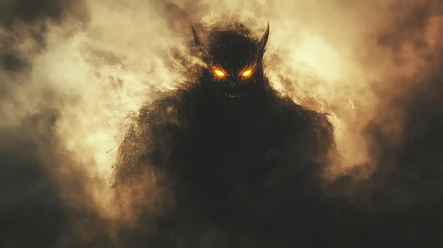 Dark demon emerging from swirling mist with glowing eyes