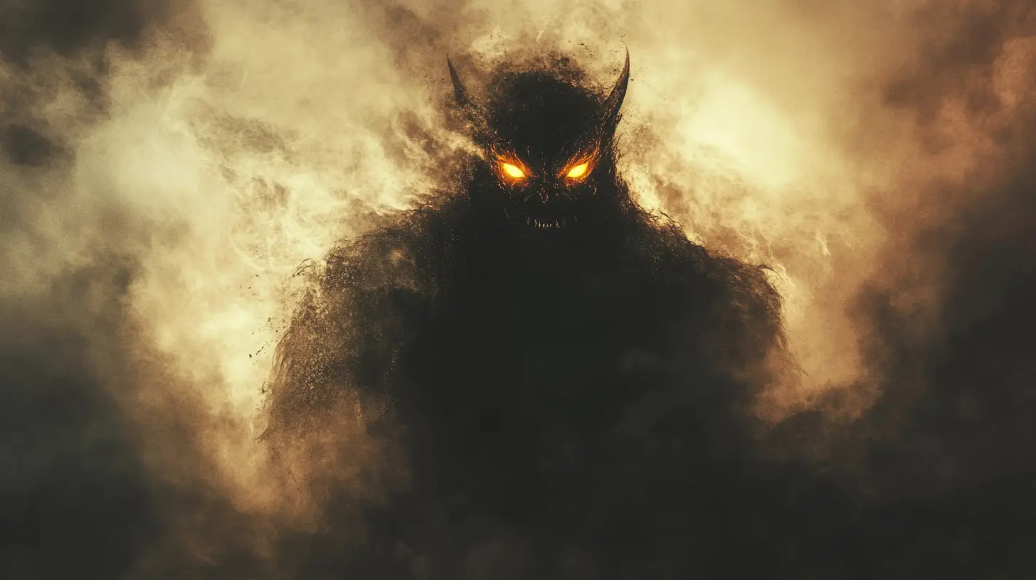 Dark demon emerging from swirling mist with glowing eyes