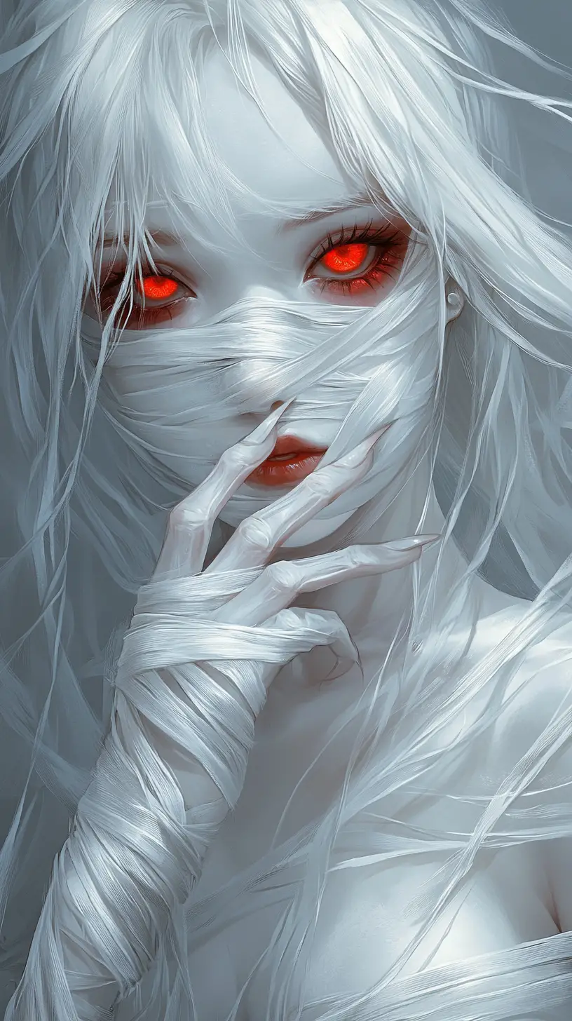Ghostly bandaged anime woman with glowing red eyes