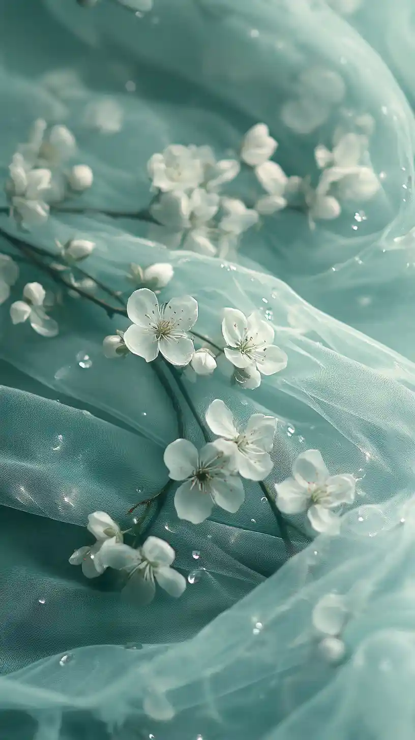 White blossoms on pale green fabric with soft focus