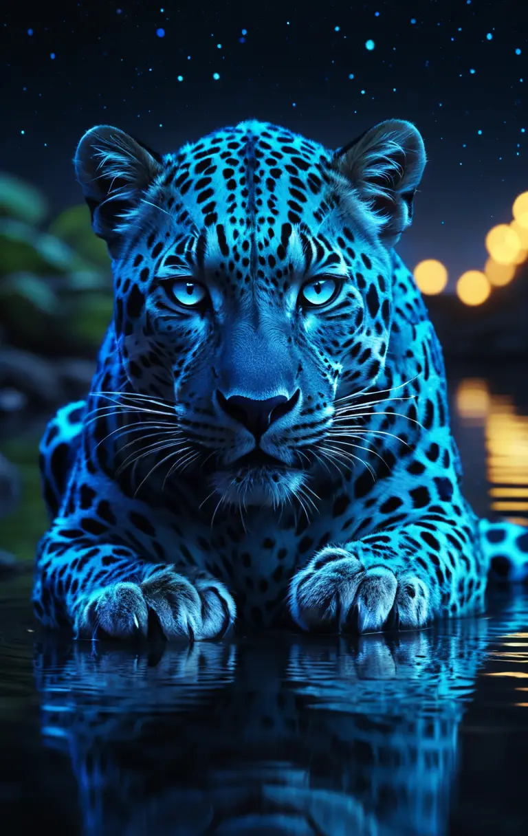 Glowing Blue Leopard Over Reflective Water Under Stars