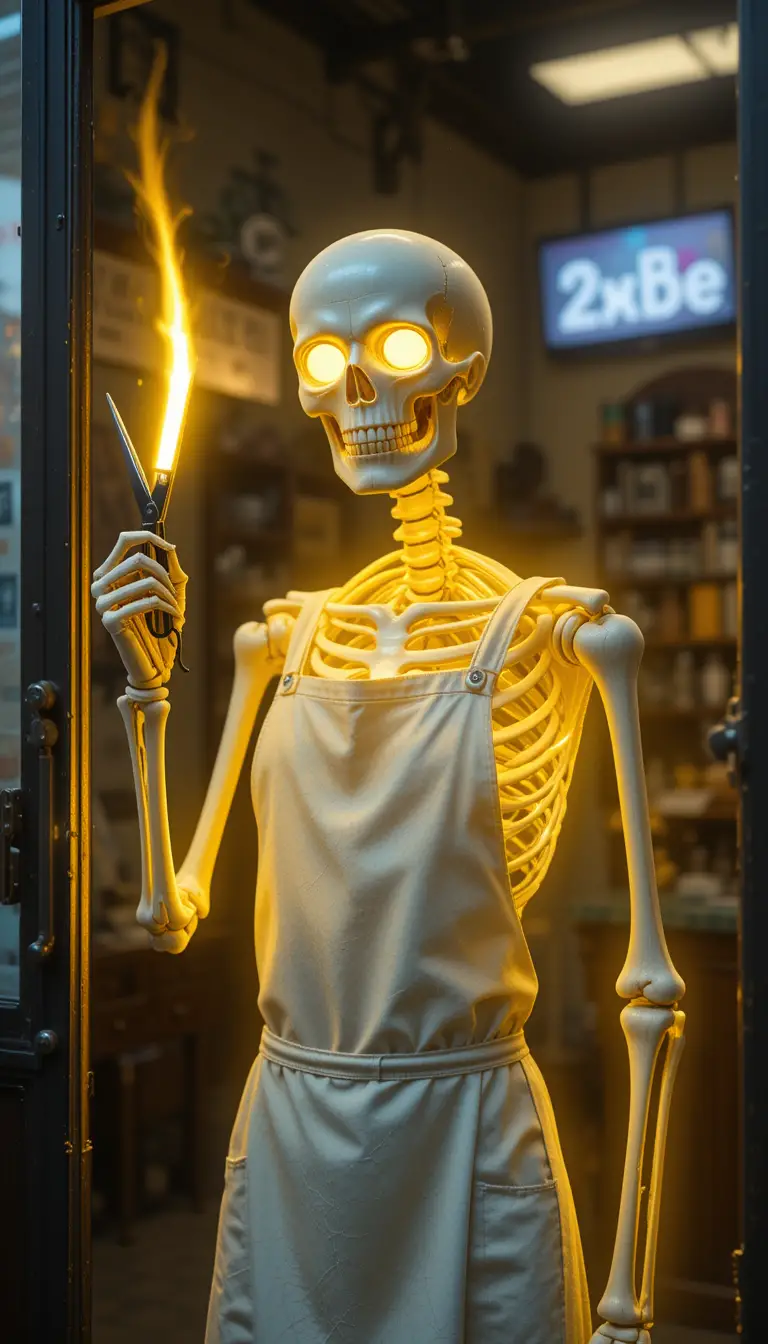 Glowing skeleton barber welcoming customers at shop entrance
