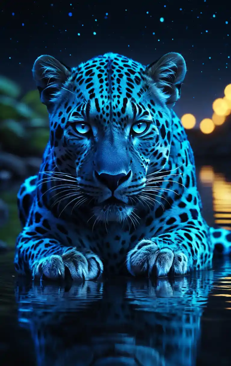 Glowing Blue Leopard Over Reflective Water Under Stars