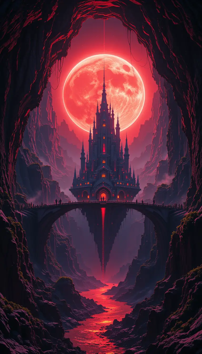 Cyberpunk castle above a dark cavern with digital sun