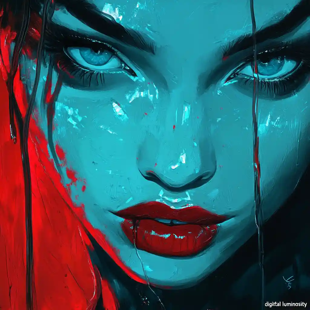 Neo expressionist close up portrait of glowing woman