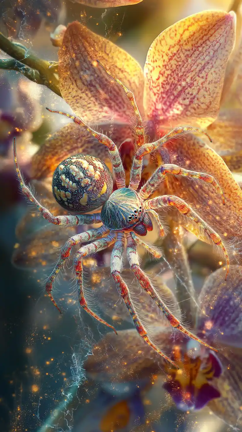 Surreal spider in a sunlit garden of exotic orchids