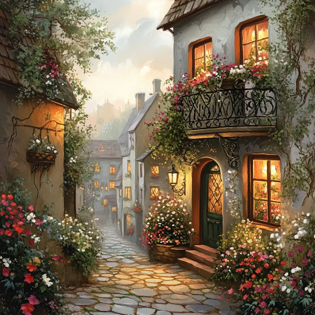 Foggy old city alley with ivy covered cottage balcony