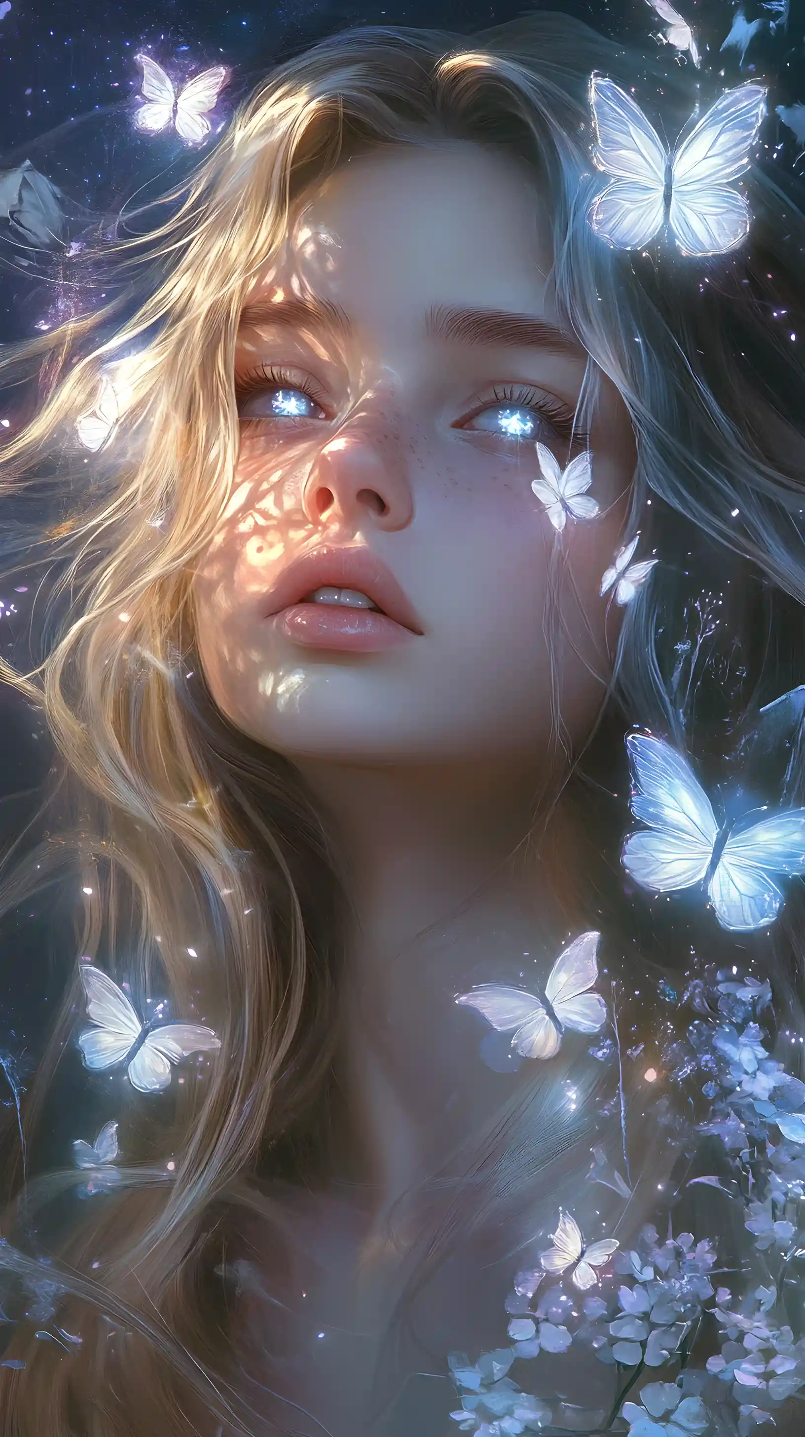 Blonde fantasy girl with glowing butterflies at night