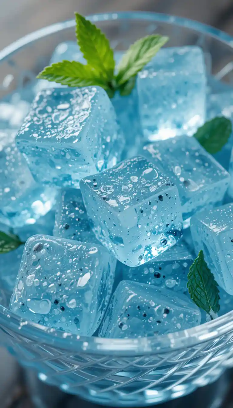 Close up of melting blue ice cubes with mint leaves