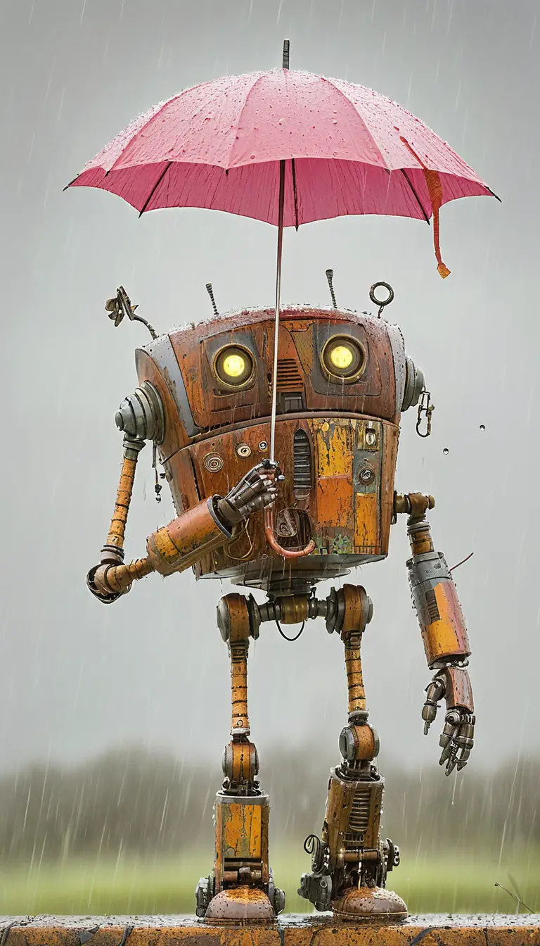 Rusty robot with red umbrella standing in rainy street