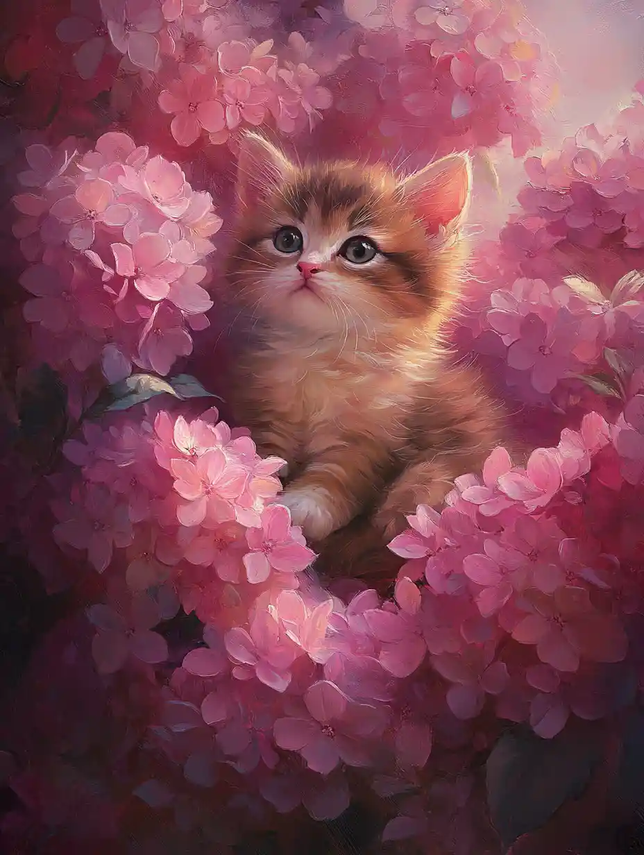 Kitten Nestled In Pink Hydrangea Bouquet With Soft Light