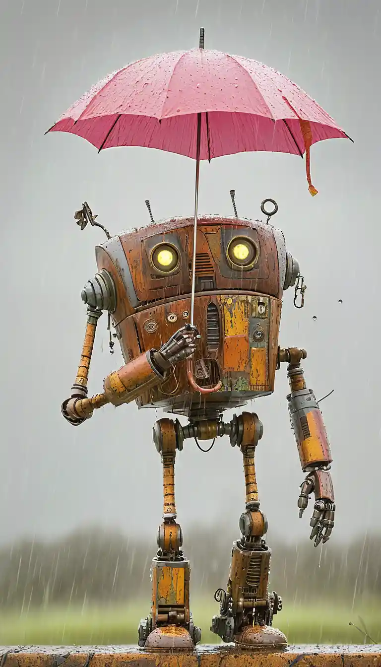 雨の街に立つ赤い傘を差したさびたロボット
