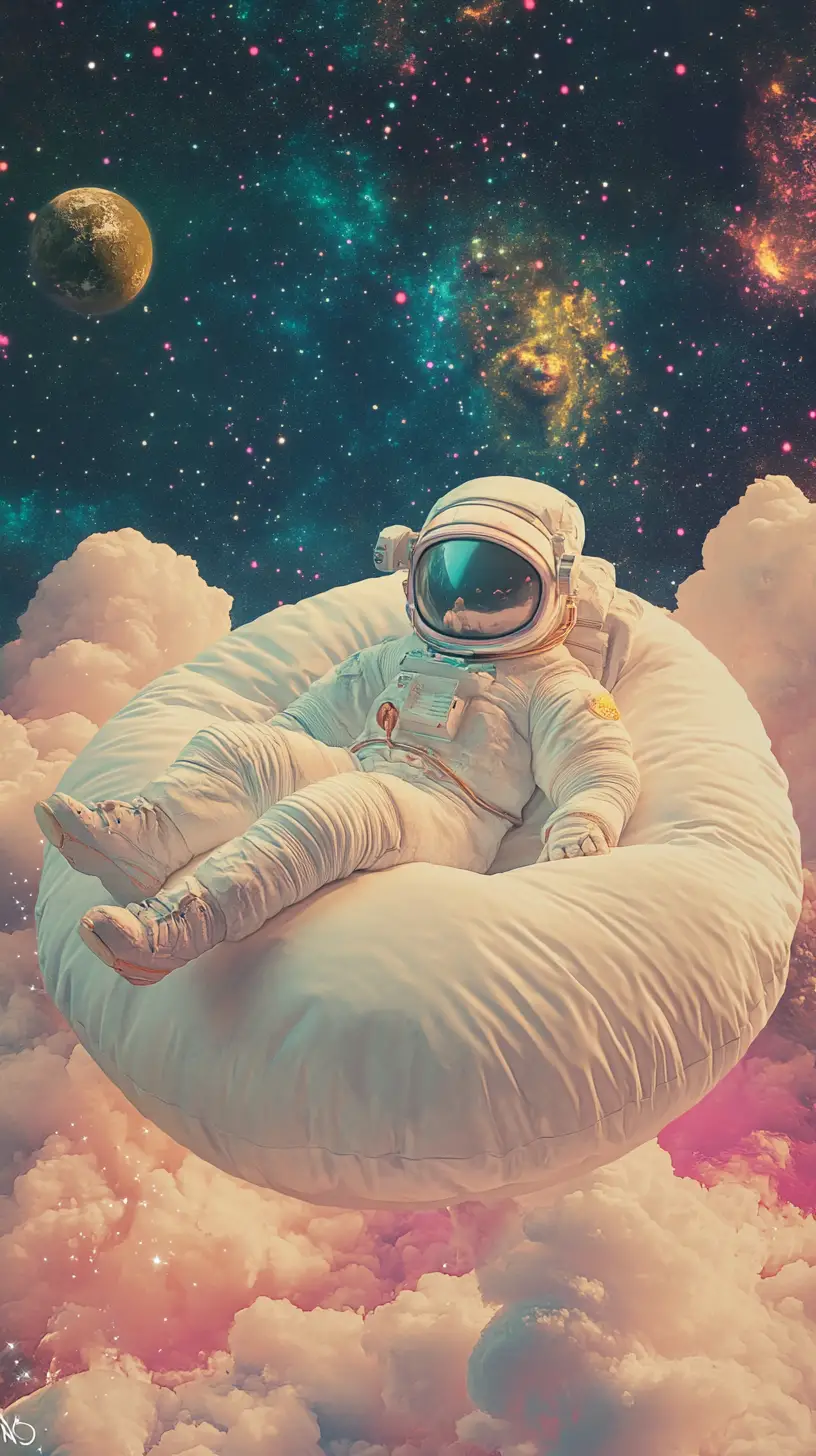 Sleepy space explorer drifting on a pillow planet