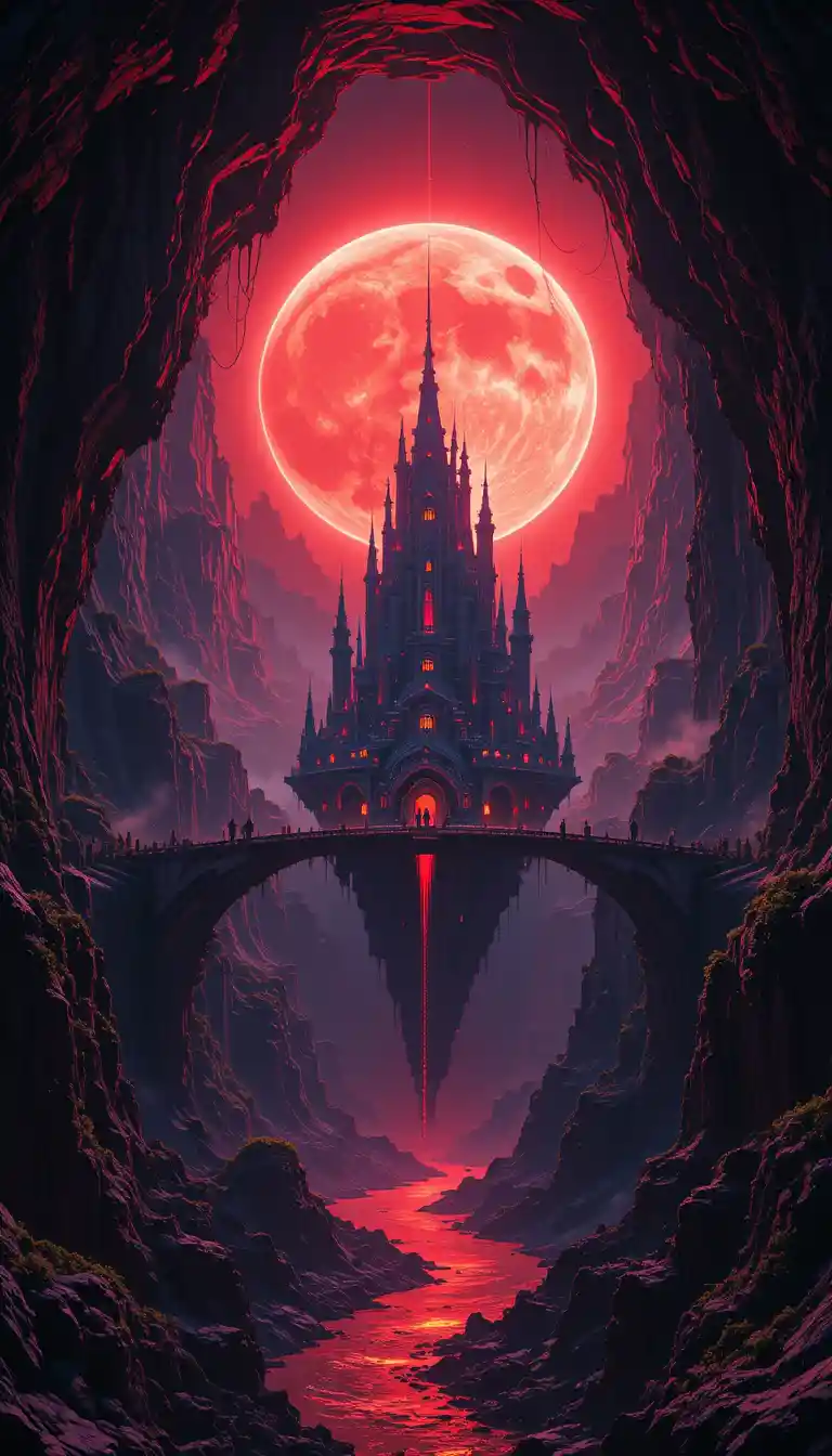 Castelo cyberpunk sobre uma caverna escura com sol digital