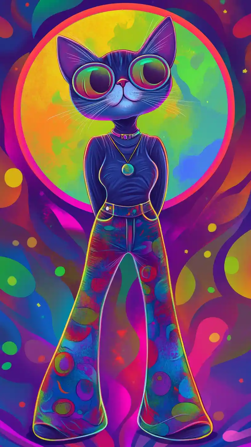Neon cat illustration in a dreamy moon inspired outfit