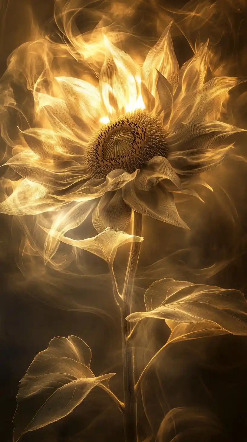 Luminous sunflower with translucent petals on dark background