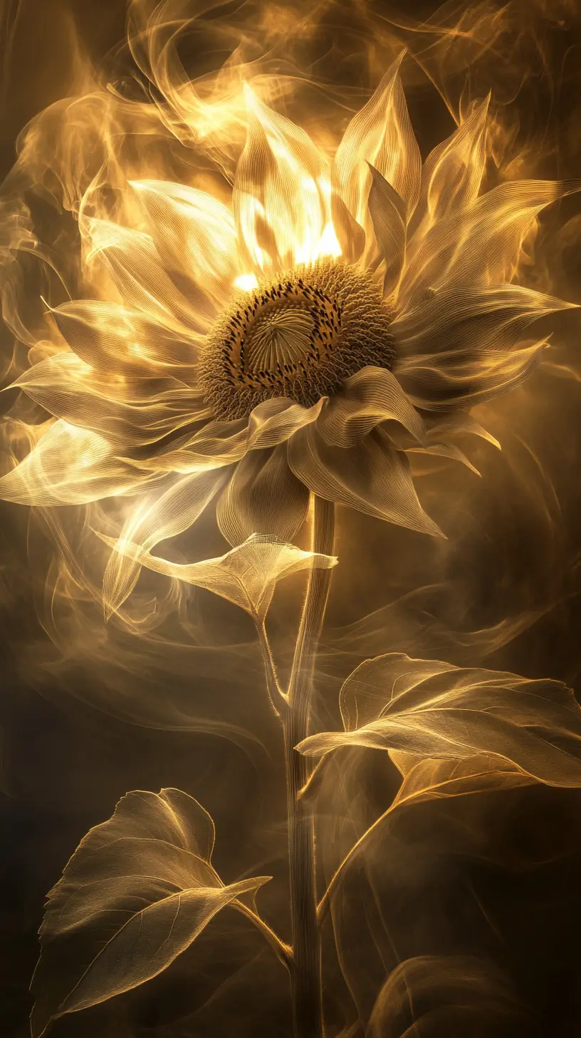 Luminous sunflower with translucent petals on dark background