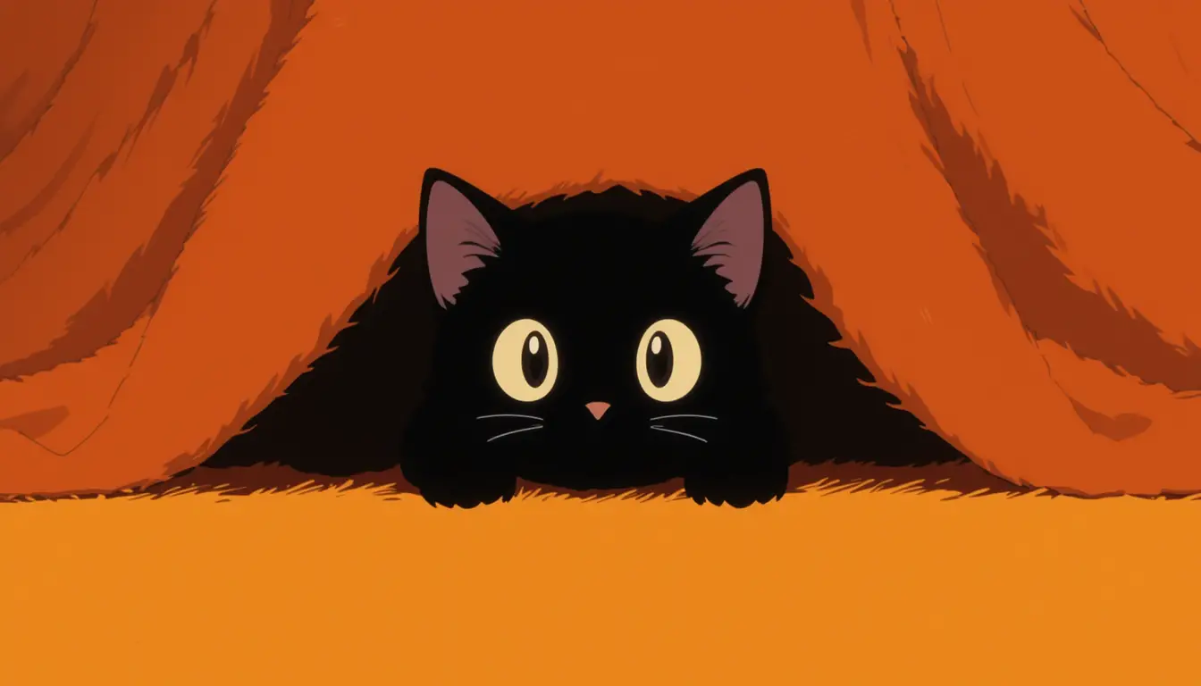 Cartoon black cat peeking from shadow on orange background