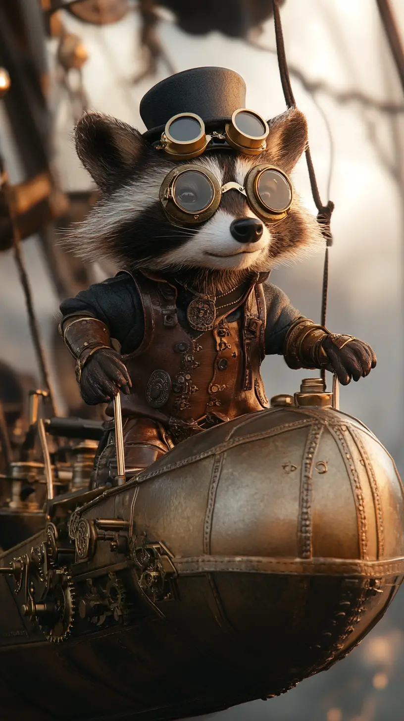 Steampunk raccoon piloting a brass airship in misty sky