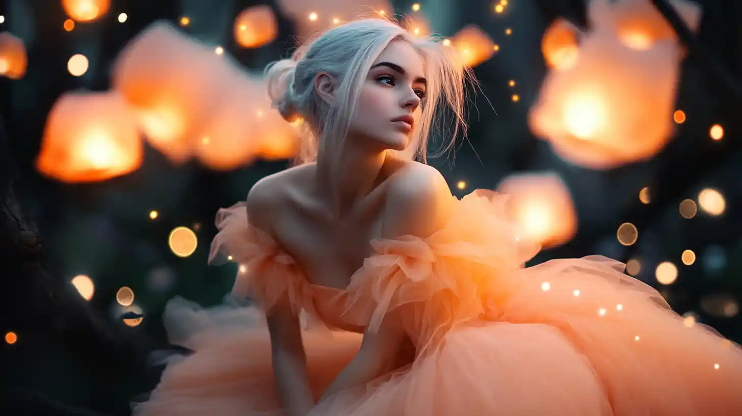 Fairy girl on treetop watching night sky lanterns