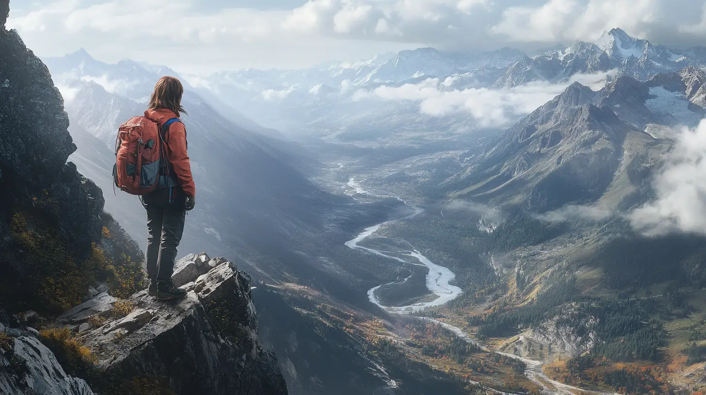 Woman overlooking a vast mountain valley from rocky cliffs