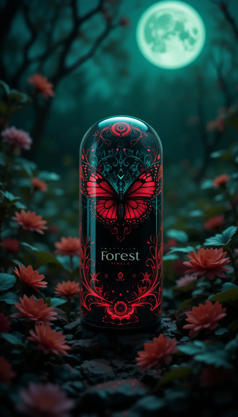 Vitamin capsule with blood butterfly in moonlit garden
