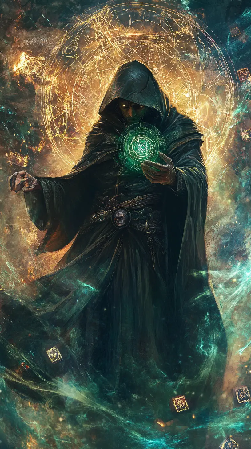 Dark robed sorcerer amid swirling magic and runes