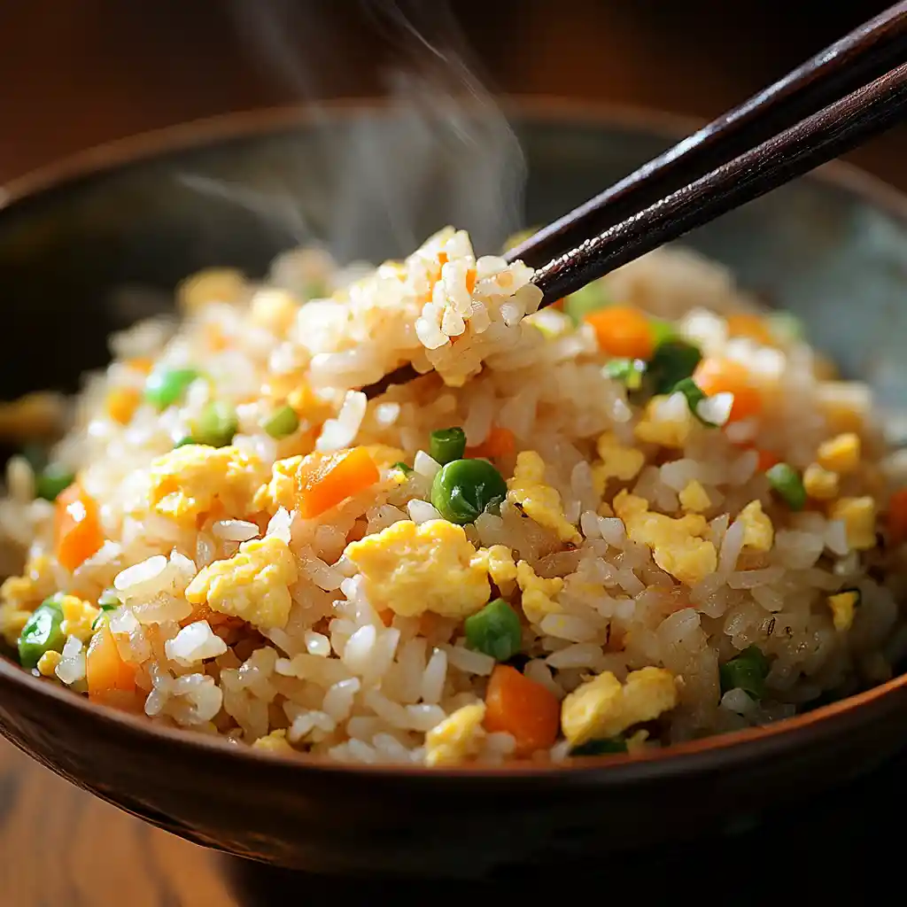 Golden fried rice with fluffy grains and vegetables