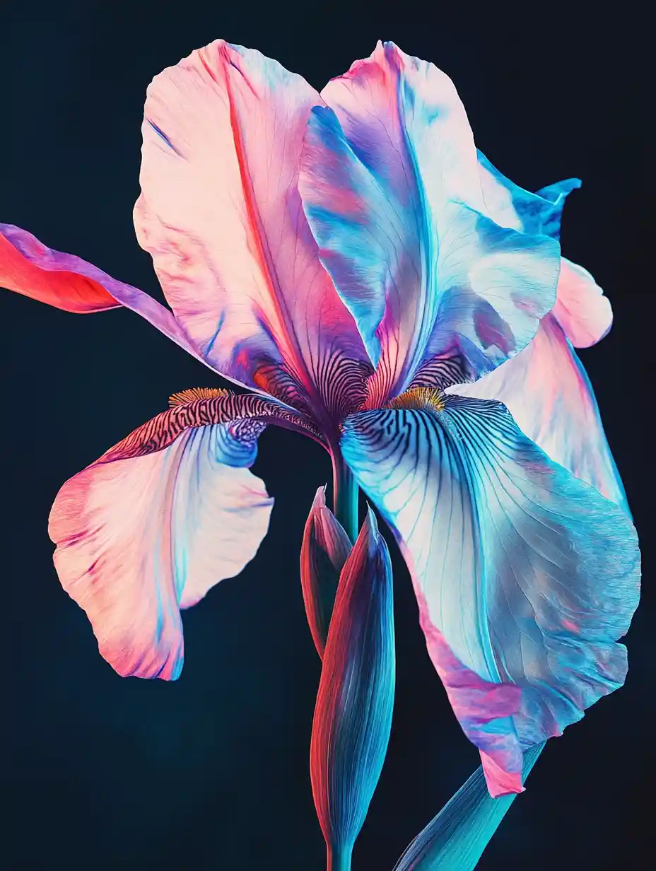 Glowing iris flower close up in a dark night forest
